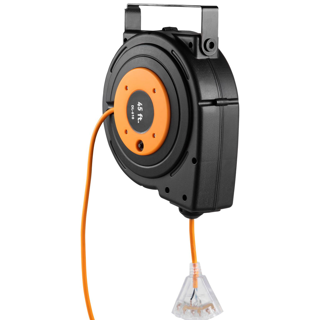 Retractable Extension Reel, Heavy Duty 12AWG/3C SJTOW Power Cord 45 FT 12AWG, Black Tested toStandards