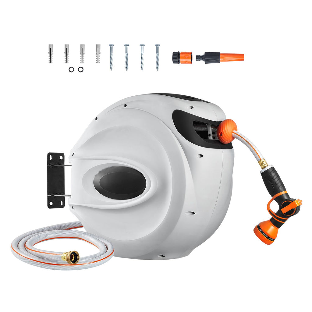 Retractable Hose Reel, 115 ft x 1/2 inch, 180° Swivel Bracket Wall-Mounted, Garden Water Hose Reel with 9-Pattern Nozzle, Automatic Rewind, Lock at Any Length, and Slow Return System