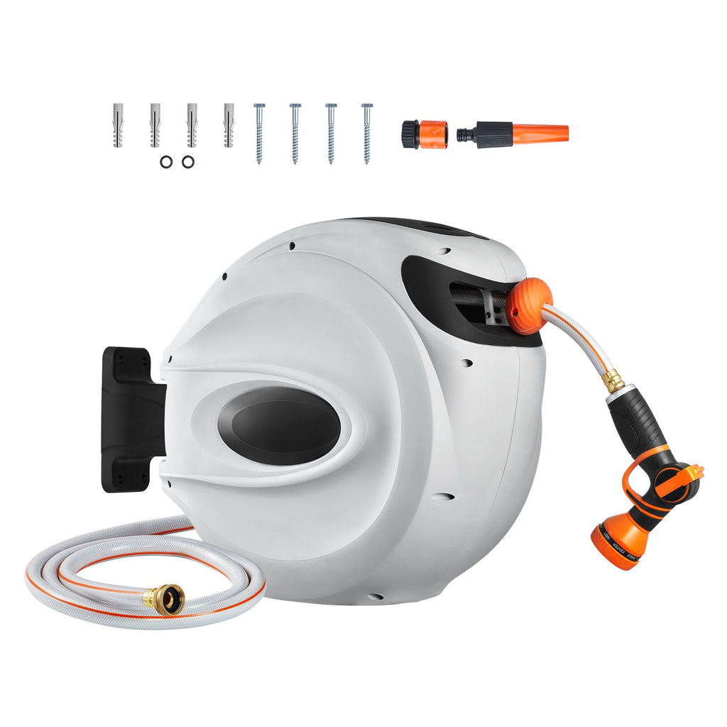 Retractable Hose Reel, 65 ft x 5/8 inch, 180° Swivel Bracket Wall-Mounted, Garden Water Hose Reel with 9-Pattern Nozzle, Automatic Rewind, Lock at Any Length, and Slow Return System