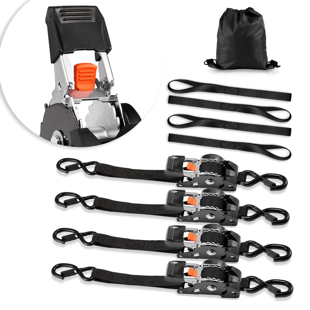 Retractable Ratchet Straps, 1 in x 6 ft, Tie Down Straps with S Hooks, 1200 lbs Break Strength, 4 Soft Loops, Tie Down Ratcheting for Moving, Trailers, Motorcycles, Kayaks, Car Roof, 4 Pack
