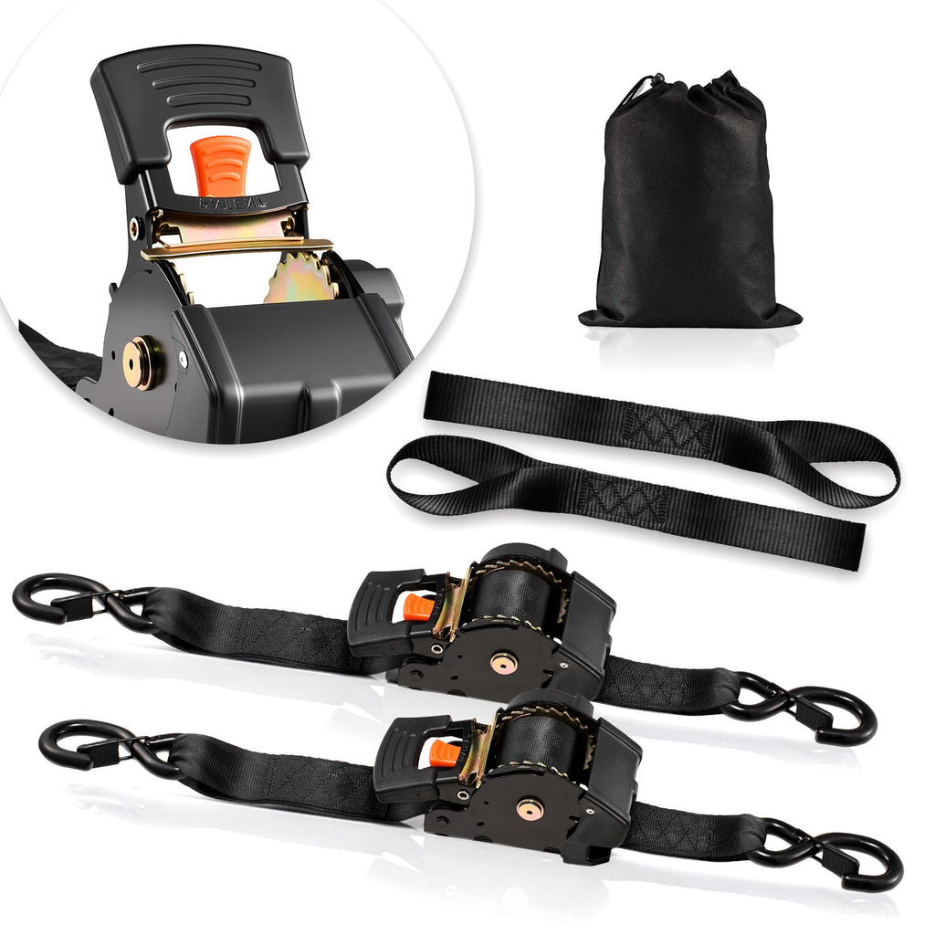 Retractable Ratchet Straps, 2 in x 10 ft, Tie Down Straps with S Hooks, 3033 lbs Break Strength, 2 Soft Loops, Tie Down Ratcheting for Moving, Trailers, Motorcycles, Kayaks, Car Roof, 2 Pack