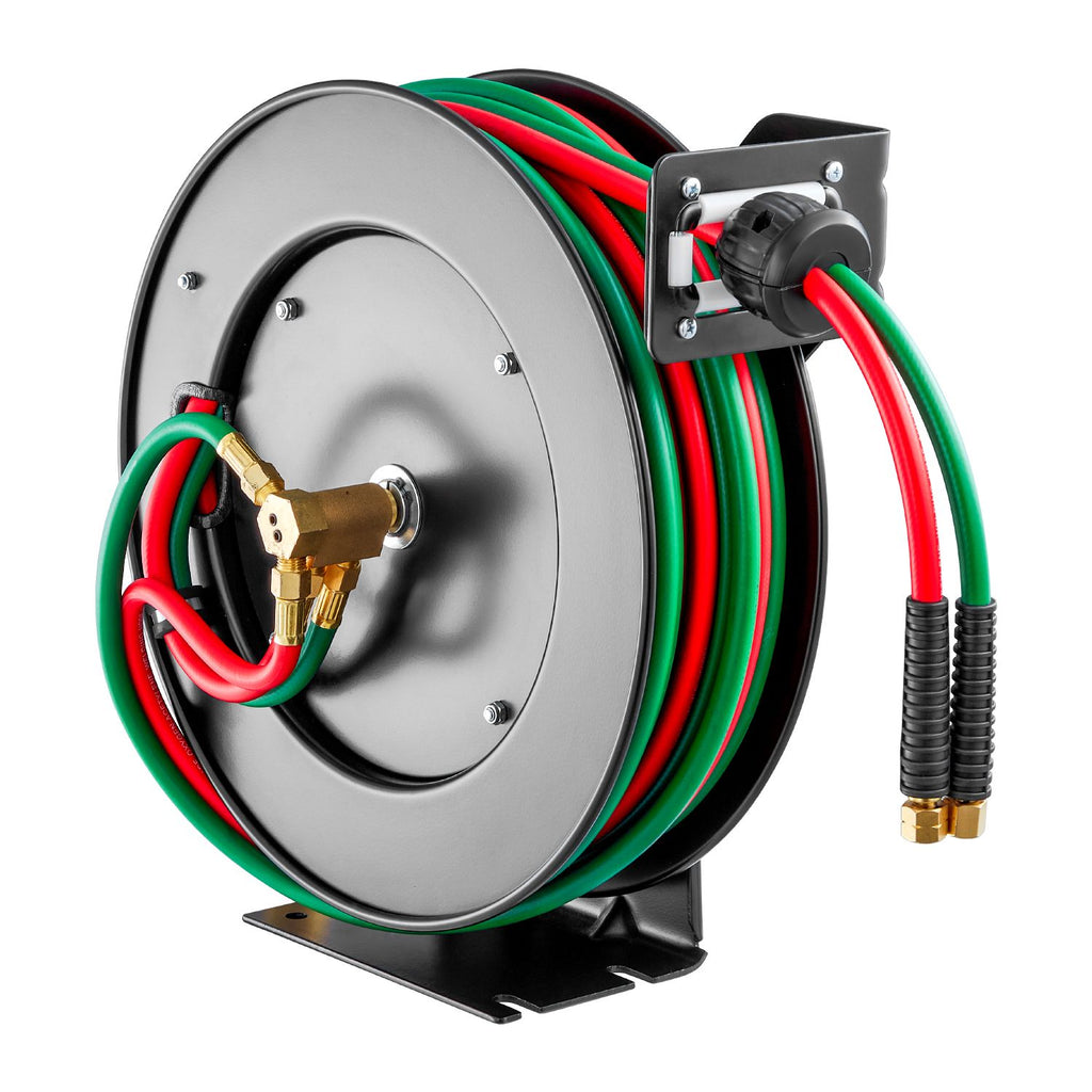 Retractable Welding Hose Reel, 1/4-Inch x 50FT Twin Oxygen Acetylene Rubber Hose Max 300PSI - R Grade, Ceiling/Wall Mount Heavy Duty Steel Hose Reel Auto-Rewind, Ideal for Workshops Garages