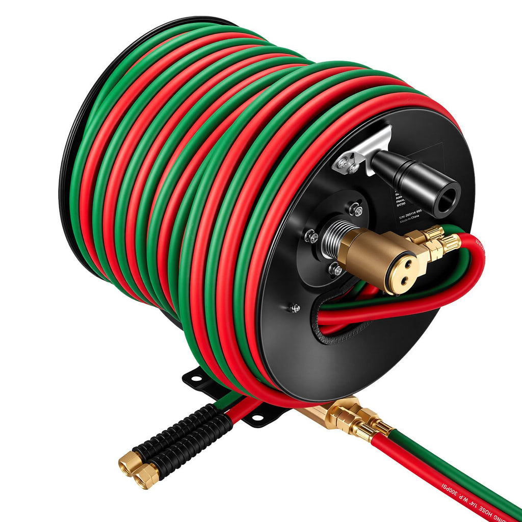 Retractable Welding Hose Reel, Hand Crank Manual Rewind Hose Reel with 1/4 Inch x 100FT Twin Oxygen Acetylene Rubber Hose Max 300PSI - T Grade, Ceiling/Wall Mount Steel Reel for Workshop Garages