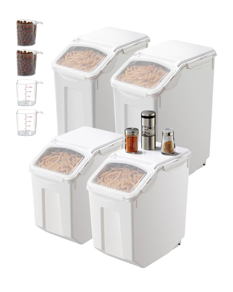 Rice Storage Container, 3.5Gal/15Lx2 + 4.5Gal/20Lx2 Large Dog Food Dispenser Bin, Kitchen Ingredient Grain Cereal Bin, Pet food Containers with Wheels, 4 Measuring Cups, Airtight Lid, 4 Pack