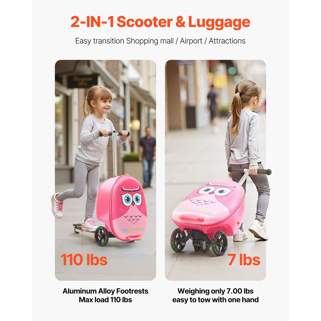 Ride-on Luggage, 20 L Capacity, 20 Inches Kids Scooter Suitcase with Flash PU Wheels, Adjustable Handle & TPR Non-Slip Grip, Foldable & Lightweight Scooter Luggage for Kids Aged 5+, Pink