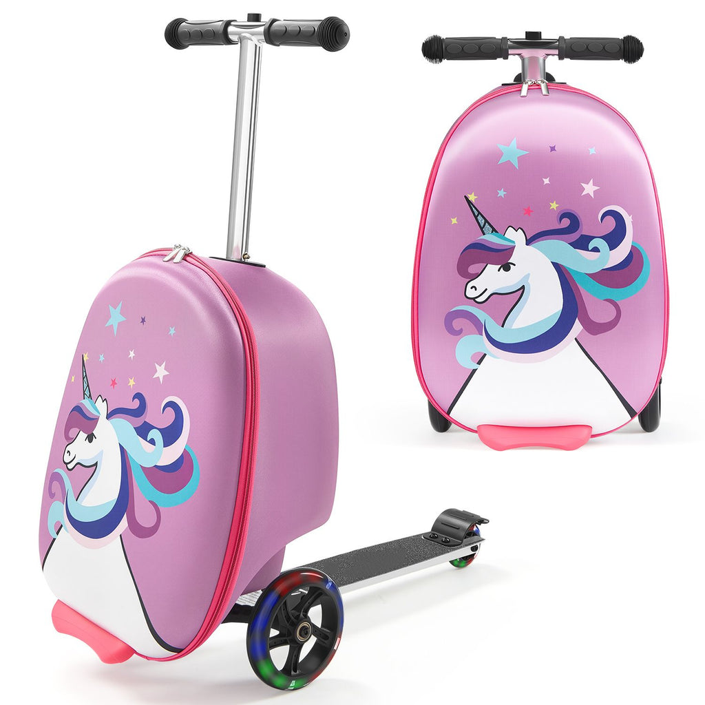 Ride-on Luggage, 20 L Capacity, 20 Inches Kids Scooter Suitcase with Flash PU Wheels, Adjustable Handle & TPR Non-Slip Grip, Foldable & Lightweight Scooter Luggage for Kids Aged 5+, Purple
