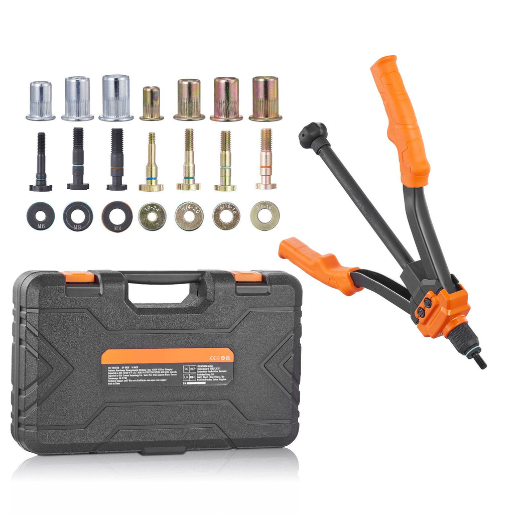 Rivet Nut Tool, 14 in Rivnut Tool Kit with 7 PCS Metric and SAE Mandrels, 70 PCS Assorted Rivet Nuts, 10-24, 1/4-20, M6, 5/16-18, M8, 3/8-16, M10, With Rugged Carrying Case, for DIY, Repairs