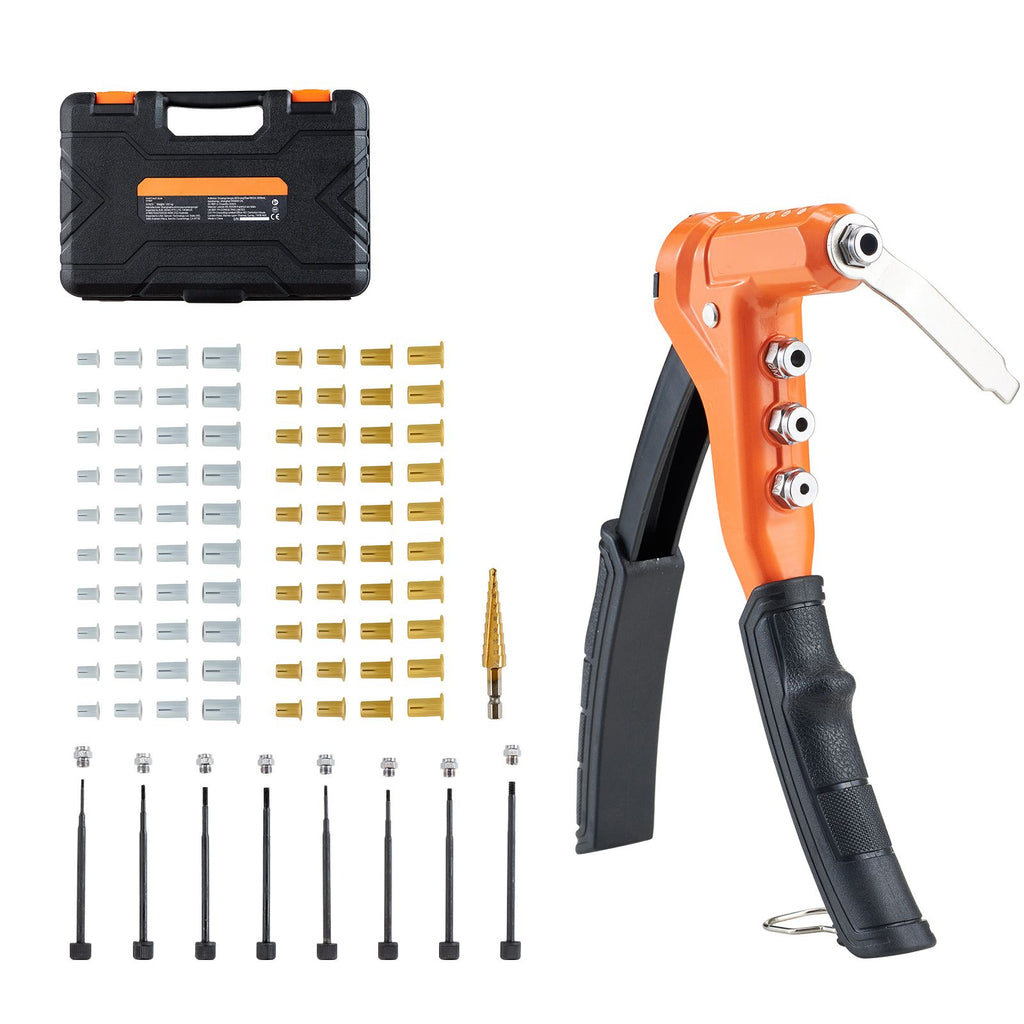 Rivet Nut Tool Kit, 9-Inch One-Handed Rivnut Tool Kit, with 8 Mandrels, a Step Drill Bit and 80 Nuts, Metric and SAE Size M3, M4, M5, M6, 6-32, 8-32, 10-24, 1/4-20 UNC, with a Carrying Case