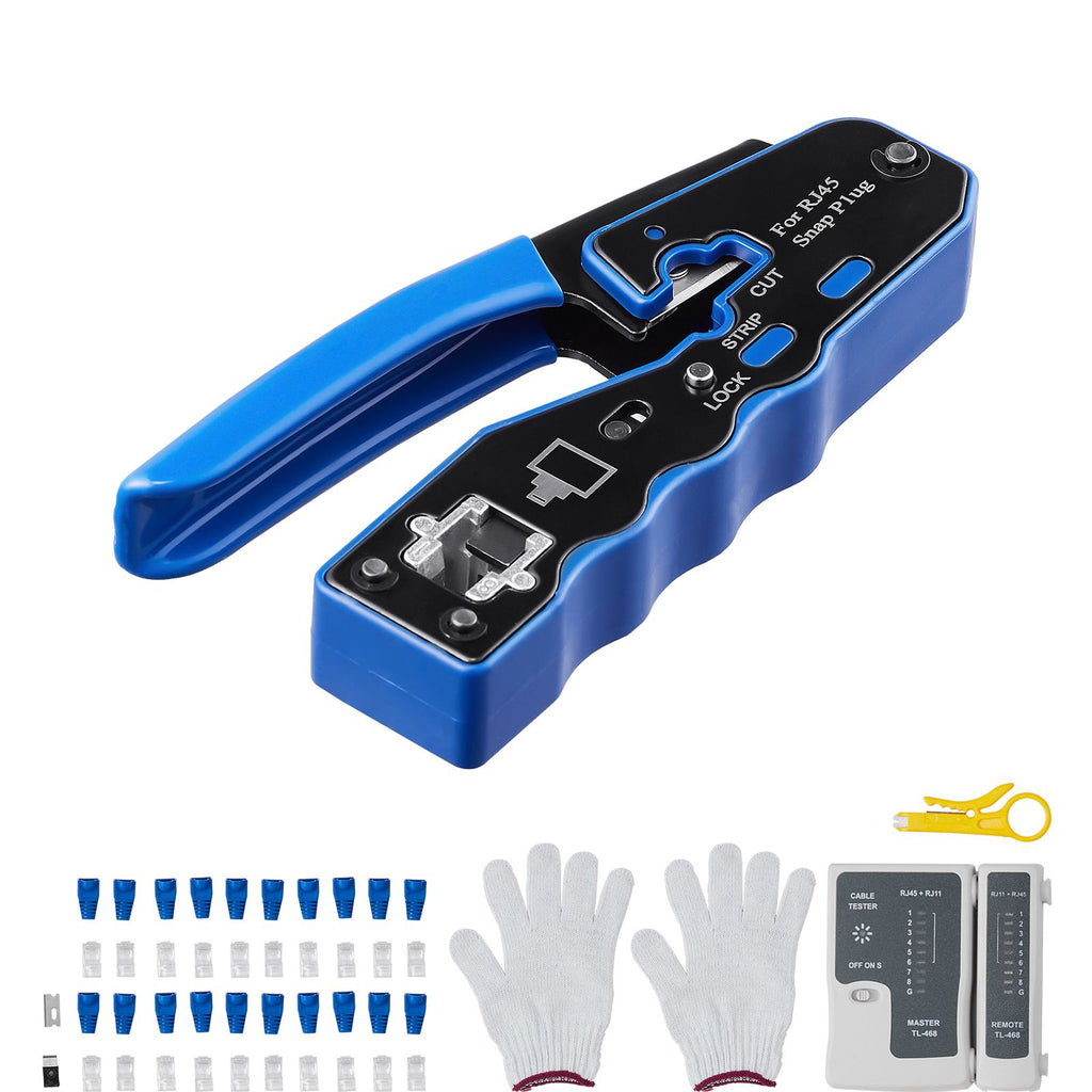 RJ45 Crimp Tool Kit, Cat5e/Cat6/Cat6a Pass Through Ethernet Crimper for 8P8C Modular Plugs with 20pcs Connectors and 20pcs Covers, Wire Stripper and Network Tester
