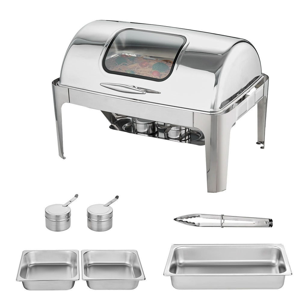 Roll Top Chafing Dish Buffet Set, 9 Qt, Stainless Steel Chafer with 2 Half Size Pans, Rectangle Catering Warmer Server with Visible Lid Water Pan Stand Fuel Holder Clip, for at Least 9 People