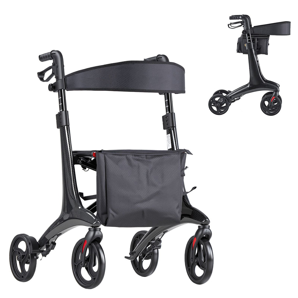 Rollator Walker with Seat for Seniors, Foldable Lightweight Rolling Walker, Carbon Fiber Mobility Walking Aid with 8" Solid PVC Wheels and Adjustable Handle - Supports up to 300LBS
