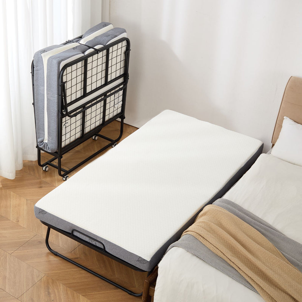 Rollaway Bed, 38 in x 75 in Folding Bed with 5 in Mattress, Twin Size Foldable Bed with Sturdy Metal Frame & Memory Foam Mattress, Portable Twin Roll Away Bed with Mattress, for Adults, Guest