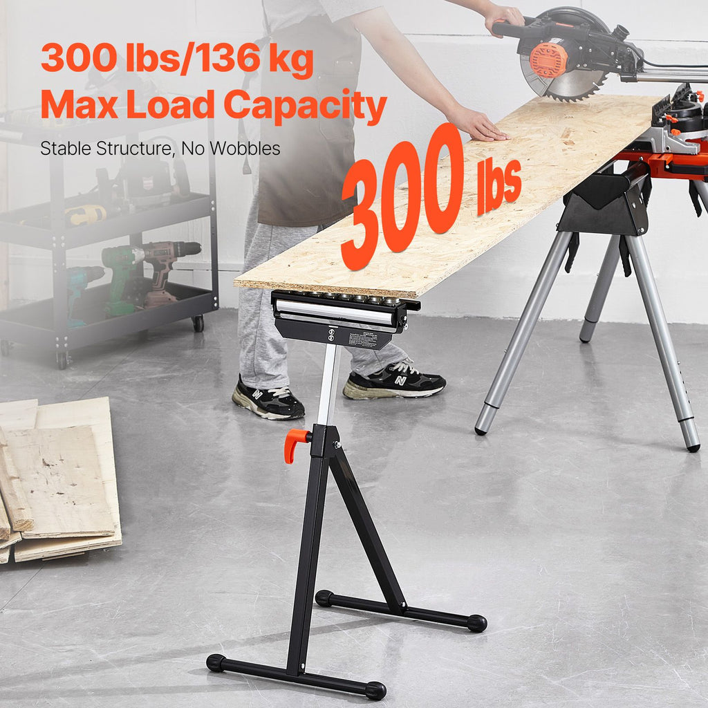 Roller Stand, 300 lb Load Capacity, 26.8-42.5 in Adjustable Height, Folding Heavy Duty with 11.5 inch Polished Multi-directional Roller Head, for Table Saw Outfeed Woodworking Extension Support
