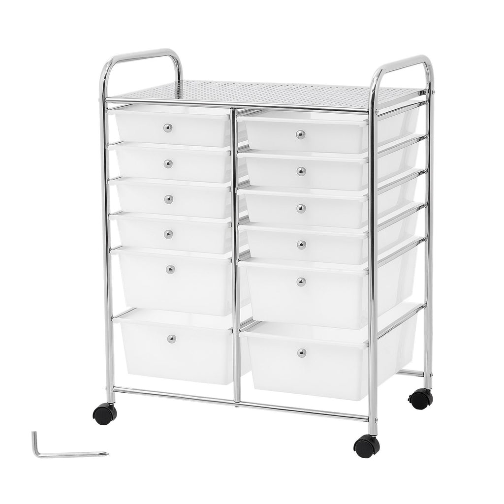 Rolling Cart with Drawers, Double Row 12 Drawer Storage Organizer, Mobile Utility Cart with Chrome Steel Frame, Universal Casters & 2 Brakes, for Office, Classroom, Craft Room, Studio, Garage