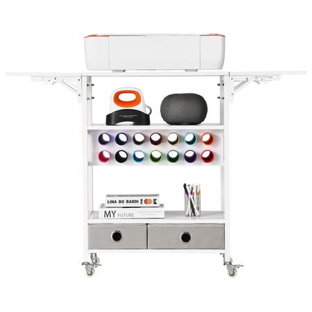 Rolling Craft Cart and Storage Table, Compatible with Cricut Machines, Collapsible Cricut Table with Foldable Sides, Craft Rolling Storage Organizer with 14 Vinyl Roll Holders and 2 Drawers