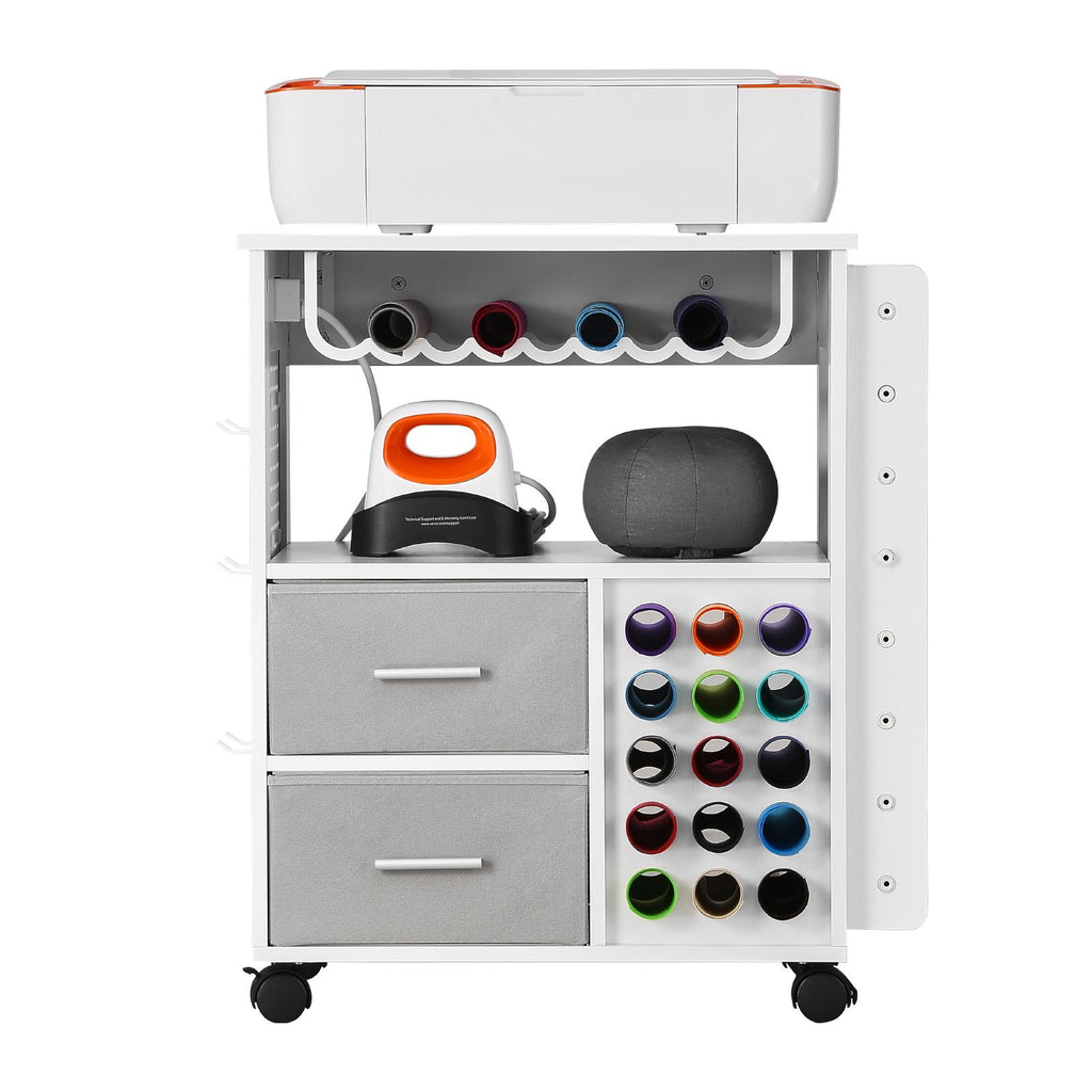 Rolling Craft Cart and Storage Table, Compatible with Cricut Machines, Crafting Table Organization Workstation with 2 USB Ports and Outlets, 15 Vinyl Roll Holders and 2 Drawers, for Craft Room