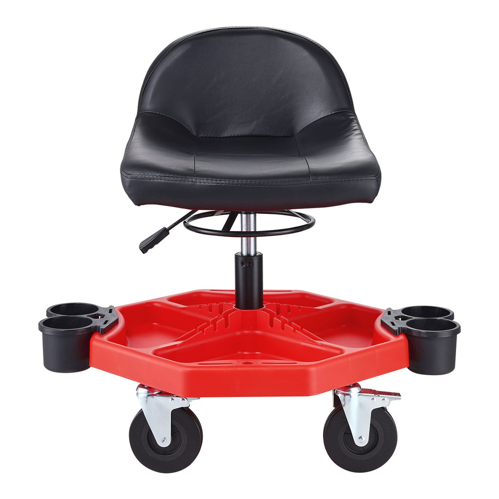 Rolling Garage Stool, Adjustable Height, 17 x 15 in Comfort Cushion,Round Shop Stool with Parts Tray,All-Terrain 5" Casters with Two Brakes Mechanic Roller Seat