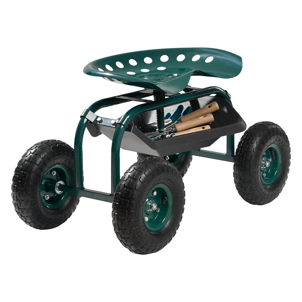 Rolling Garden Cart with Swivel Seat, Heavy Duty Garden Seat with Storage Basket & Tool Tray, 300 lbs Weight Capacity, Outdoor Utility Gardening Stool Scooter for Lawn Yard Planting Weeding