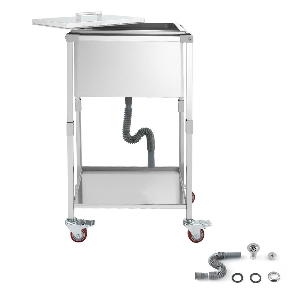 Rolling Ice Chest Cooler Cart, 22"L x 16"W x 38"H Stainless Steel Cooling Bin on Wheels, 32.8 Quart Outdoor Stand Up Cooler Trolley with Shelf, for Patio Backyard Party Bar Cold Drinks