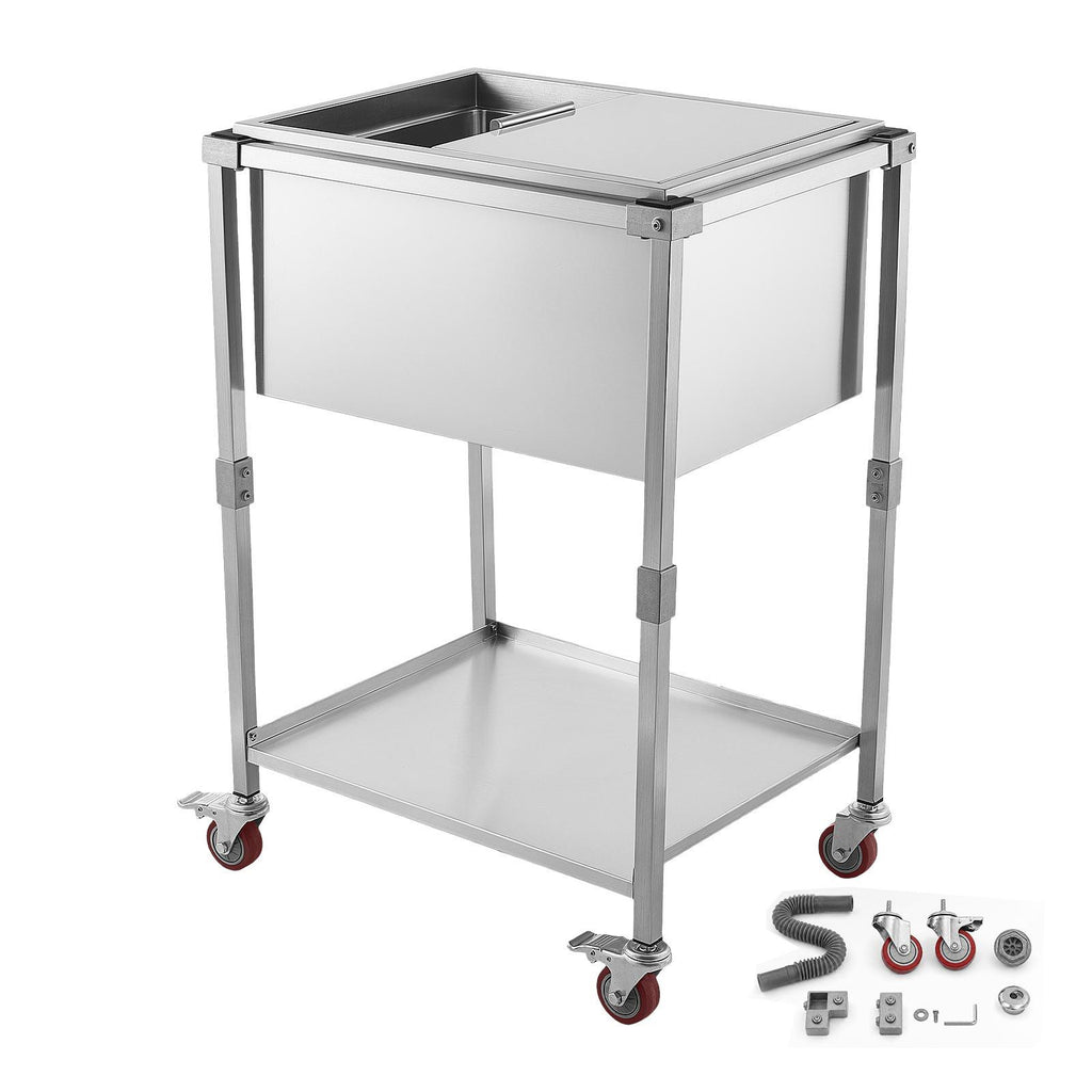 Rolling Ice Chest Cooler Cart Stainless Steel Cooling Bin 44.8 Quart, Outdoor Stand Up Cooler Trolley with Wheels, Sliding Lid, Shelf, for Patio Backyard Party Bar Cold Drinks, 26x19.9x38.8 in