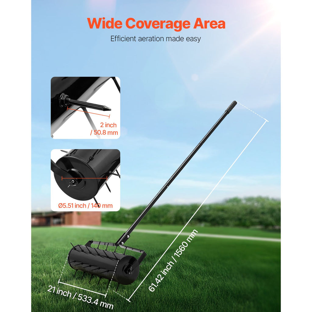 Rolling Lawn Aerator, 21-inch Heavy-Duty Manual Rolling Aerator Lawn with Detachable Handle and 33 Iron Spikes, Rolling Lawn Aeration Tool for Garden Patio Yard Compacted Soils and Lawns, Black image 2