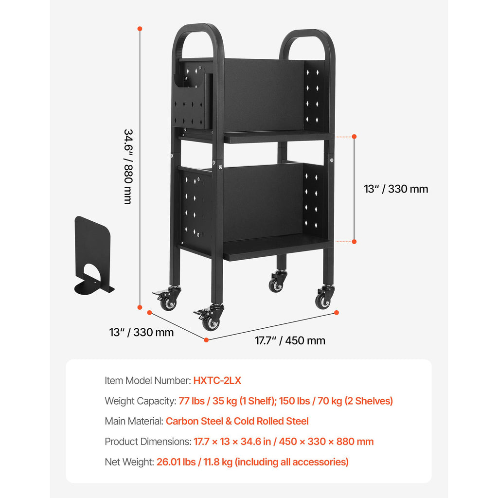 Rolling Library Book Cart, 150 lbs Capacity, 17.7 x 13.0 x 34.6-Inch Library Cart, Double Sided L-Shaped Shelves with 2-Inch Lockable Wheels, Book Truck for Home Shelves Office and School, Black