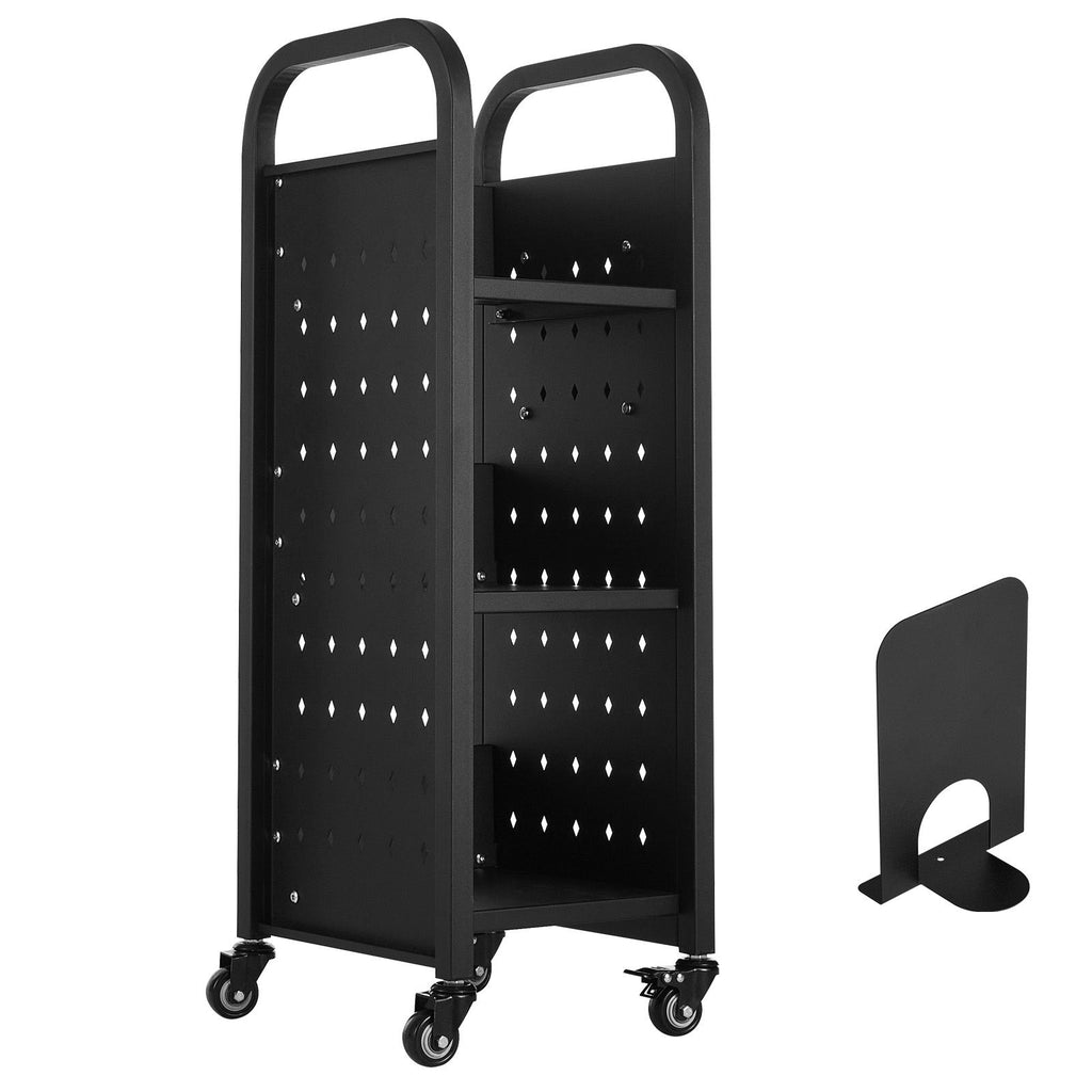 Rolling Library Book Cart, 220 lbs Capacity, 12.6 x 13.8 x 36.8-Inch Library Cart, Single Sided L-Shaped Shelves with 2-Inch Lockable Wheels, Book Truck for Home Shelves Office and School, Black