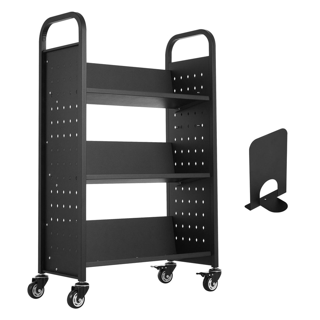 Rolling Library Book Cart, 330 lbs Capacity, 30.3 x 15 x 48.0-Inch Library Cart, Single Sided V-Shaped Shelves with 3-Inch Lockable Wheels, Book Truck for Home Shelves Office and School, Black