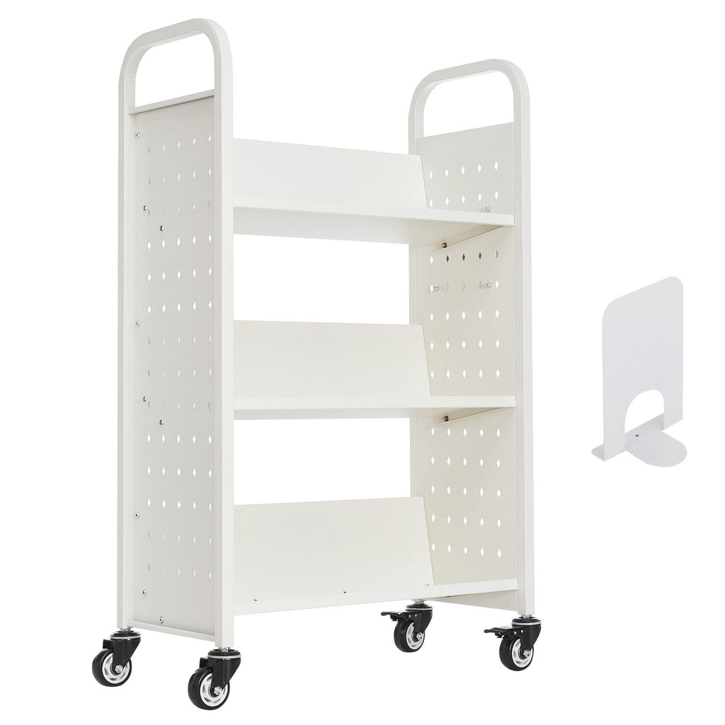 Rolling Library Book Cart, 330 lbs Capacity, 30.3 x 15 x 48.0-Inch Library Cart, Single Sided V-Shaped Shelves with 3-Inch Lockable Wheels, Book Truck for Home Shelves Office and School, White