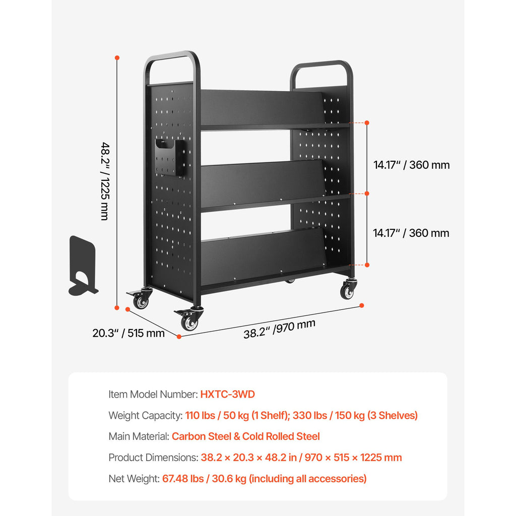 Rolling Library Book Cart, 330 lbs Capacity, 38.2 x 20.3 x 48.2-Inch Library Cart, Double Sided W-Shaped Shelves with 3-Inch Lockable Wheels, Book Truck for Home Shelves Office and School, Black
