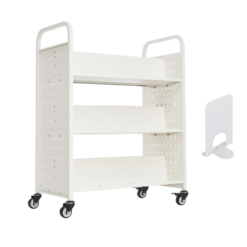 Rolling Library Book Cart, 330 lbs Capacity, 38.2 x 20.3 x 48.2-Inch Library Cart, Double Sided W-Shaped Shelves with 3-Inch Lockable Wheels, Book Truck for Home Shelves Office and School, White