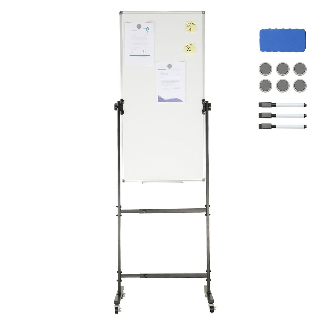 Rolling Magnetic Whiteboard, Double-sided Mobile Whiteboard 24x48 Inches, Adjustable Height Dry Erase Board with Wheels, 1 Magnetic Erase & 3 Dry Erase Markers & Movable Tray for Office School