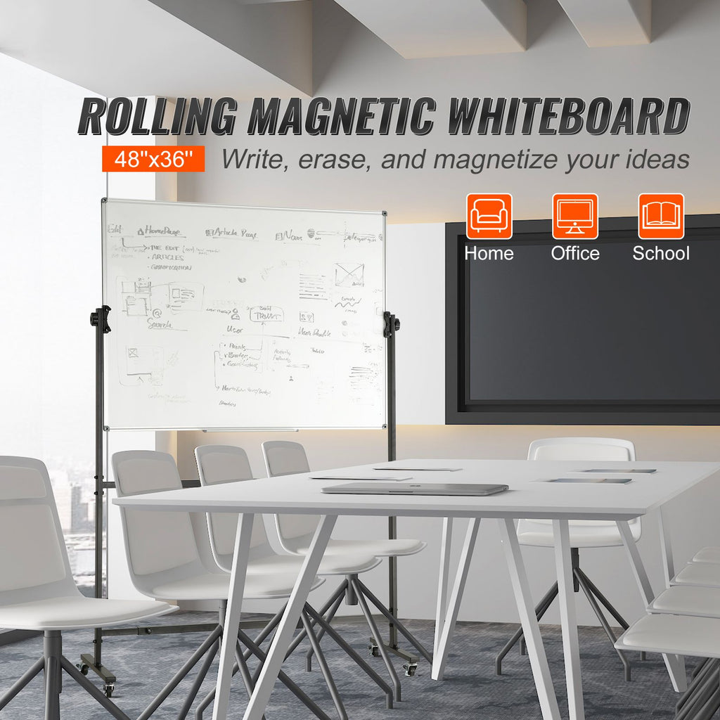 Rolling Magnetic Whiteboard, Double-sided Mobile Whiteboard 48x36 Inches, Adjustable Height Dry Erase Board with Wheels, 1 Magnetic Erase & 3 Dry Erase Markers & Movable Tray for Office School image 2