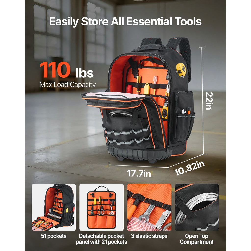 Rolling Tool Backpack, 110 lbs Load Capacity, 72 Pockets Heavy Duty Roller Tool Bag on Wheels, Adjustable Telescoping Handle & Stable Base, Toolbag Organizers for Construction, Mechanic image 2