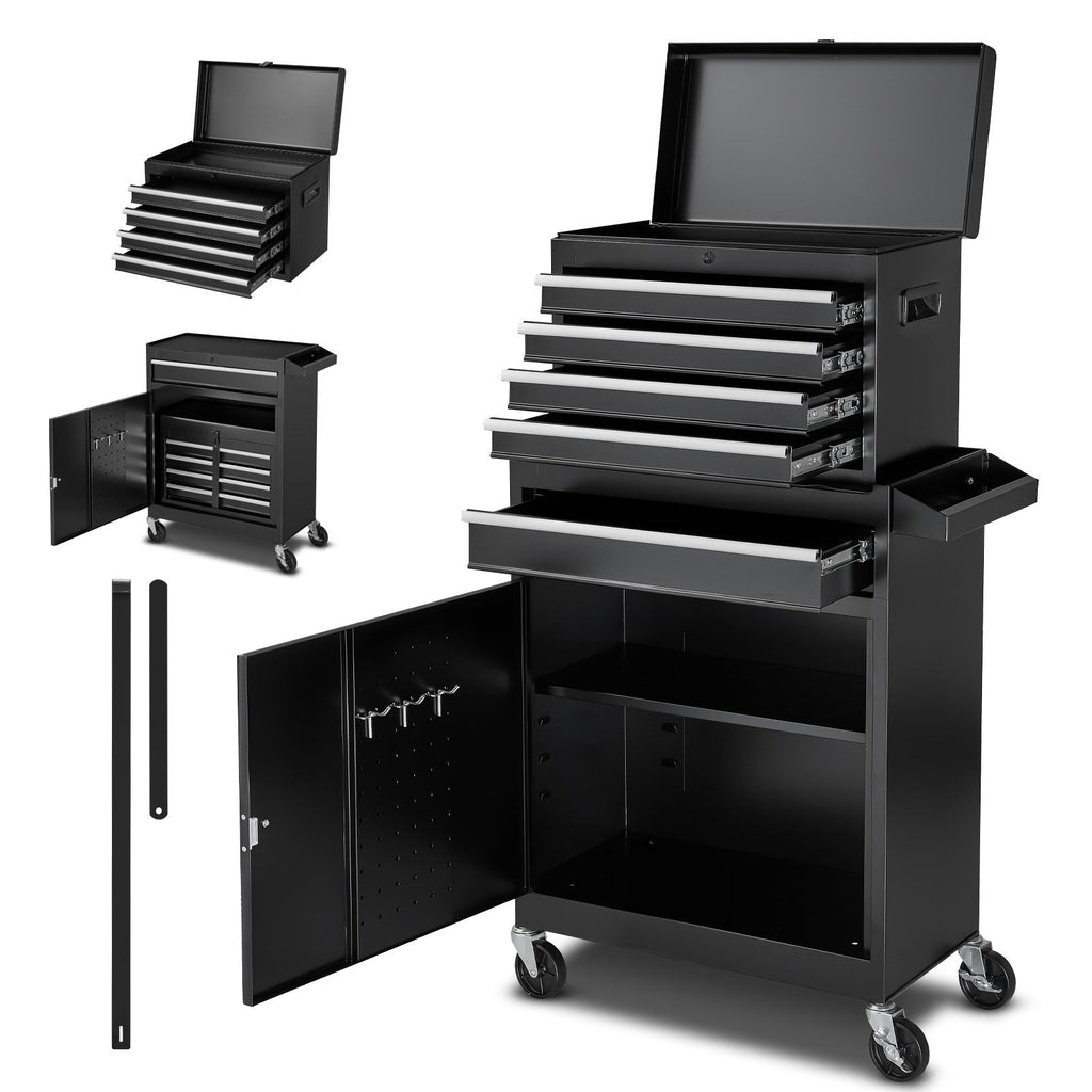 Rolling Tool Chest, 2-in-1 Design, 5 Drawers Tool Cabinet Organizer with Detachable Top Metal Toolbox, Lock Bar, Protective Liner, and Tools Rack, Garage Storage Cabinet for Warehouse, Workshop