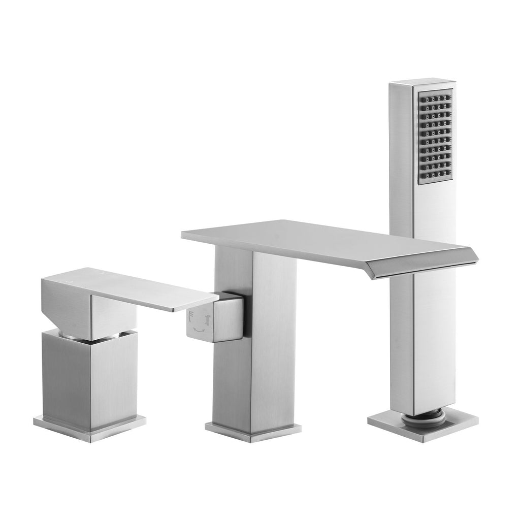 Roman Tub Faucet, 3 Hole Waterfall Bathtub Faucet, Roman Bathtub Faucets Set with Shower Head & 1 Handle, Deck Mount Bath Tub Faucets Set for Adult Bathing, Brushed Stainless Steel, Drip-Free
