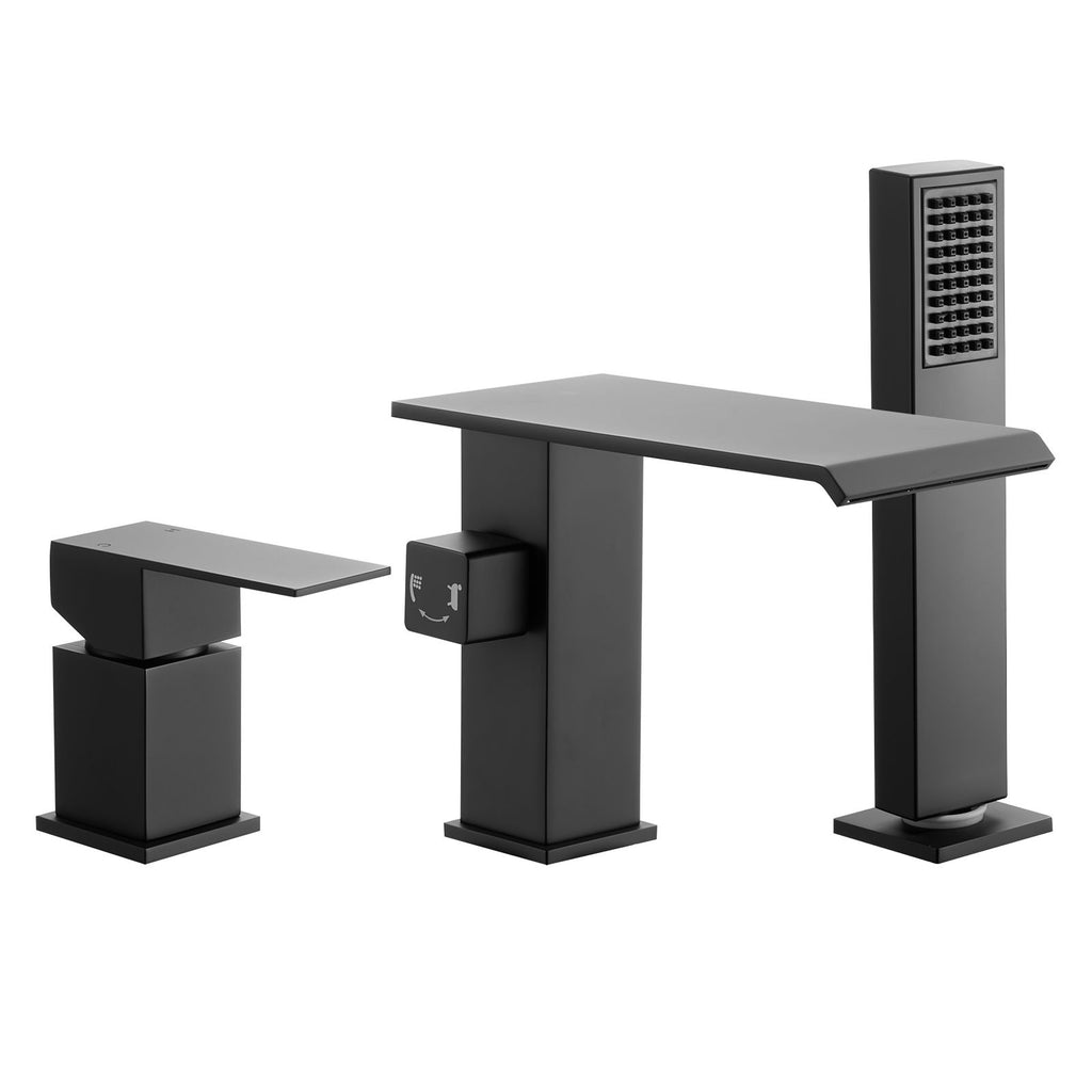 Roman Tub Faucet, 3 Hole Waterfall Bathtub Faucet, Roman Bathtub Faucets Set with Shower Head & 1 Handle, Deck Mount Bath Tub Faucets Set for Pet Washing, Baby Care, Adult Bathing, Matte Black
