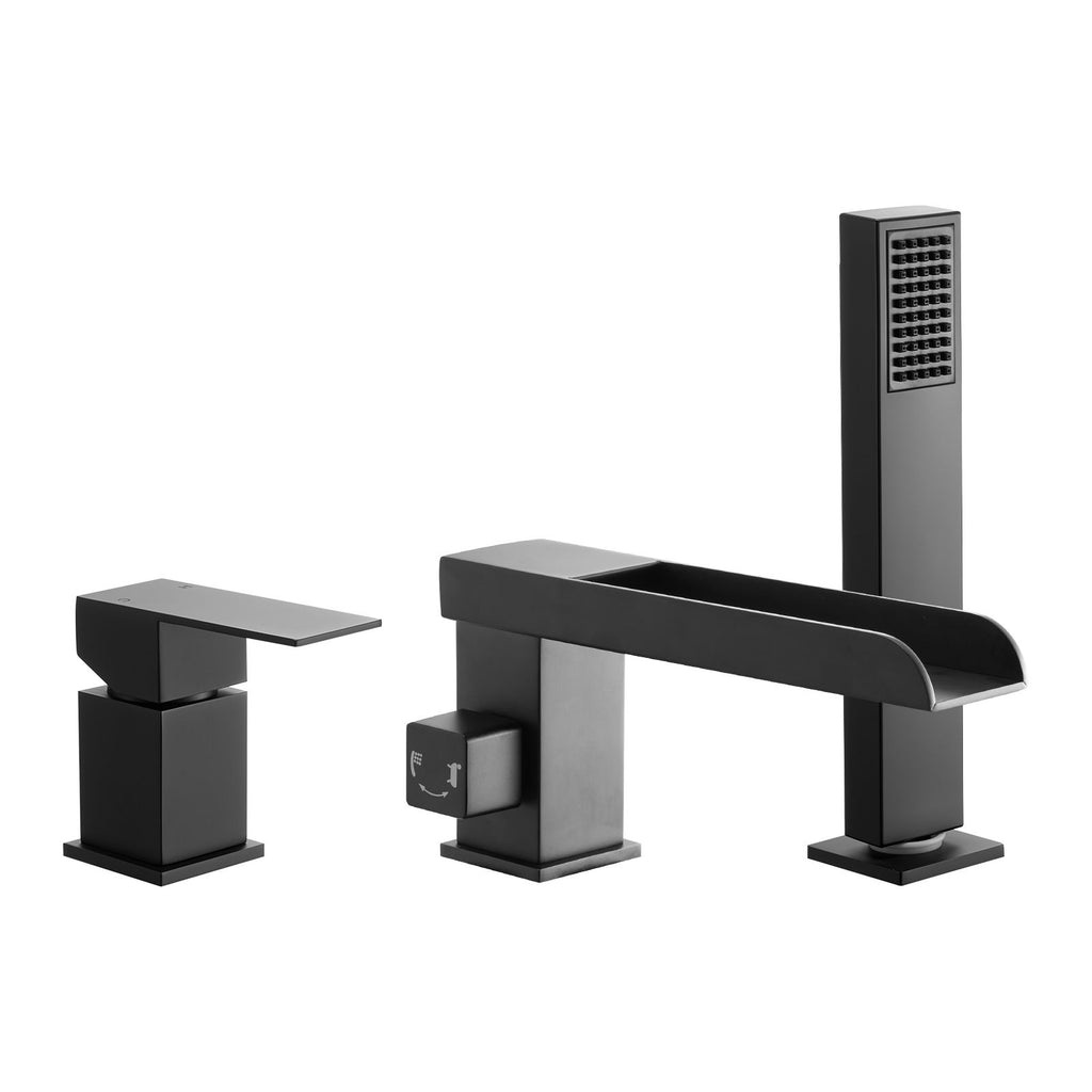 Roman Tub Faucet, 3 Hole Waterfall Bathtub Faucet, Widespread Roman Tub Faucets with Shower Head & 1 Handle, Romans Bathtub Faucets for Pet Washing, Adult Bathing, Matte Black, Dual Water Flow