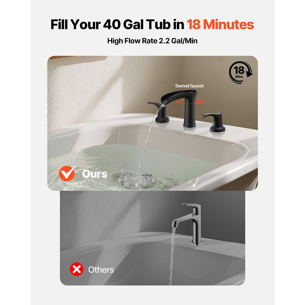 Roman Tub Faucet, 3 Hole Waterfall Bathtub Faucet, Zinc Alloy Bath Tubs Faucets Set with 2 Handles, Deck Mount Bath Tub Faucets Set for Pet Washing, Baby Care, Adult Bathing, Matte Black image 2