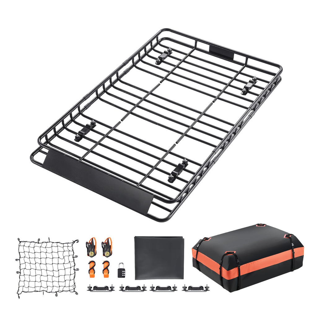 Roof Rack Basket, 64 x 39 x 4.1 in, Universal Rooftop Cargo Carrier with 44.1 x 34.3 x 10.2 in Cargo Bag, Net, Ratchet Straps, 250 lbs Max Load Capacity Car Top Luggage Holder, for SUV Truck Car
