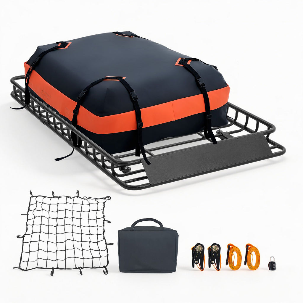 Roof Rack Cargo Basket, 54 x 34 x 4 in, Heavy Duty Roof Top Carrier Basket with Waterproof Bag, Cargo Net, Ratchet Straps, 200 lbs Capacity, Universal Car Top Luggage Holder, for SUV Truck Car
