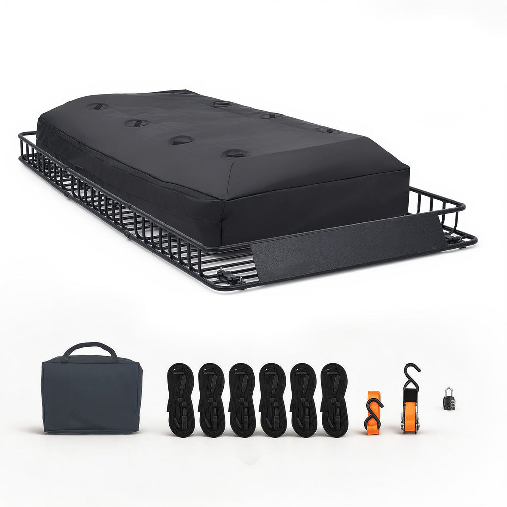 Roof Rack Cargo Basket, 90 x 50 x 6 in, Heavy Duty Roof Top Carrier Basket with Waterproof Rooftop Bag, Ratchet Straps, 250 lbs Capacity, All-Weather Car Top Luggage Holder, for SUV Truck Car