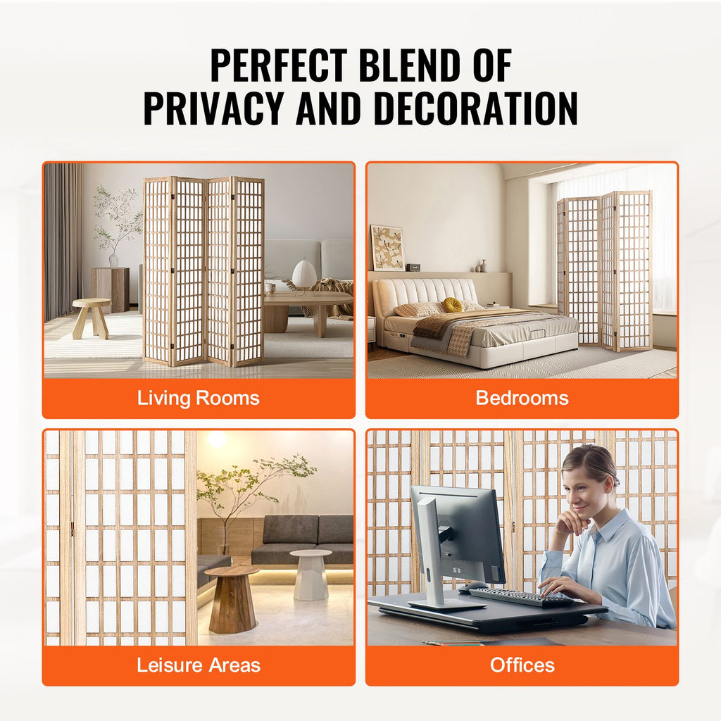 Room Divider, 4 Panel Japanese Room Divider, Folding Privacy Screen Indoor, Portable Partition Dividers and Decoration Screens, for Room Separation, Home, Office, Restaurant & Bedroom (Natural)