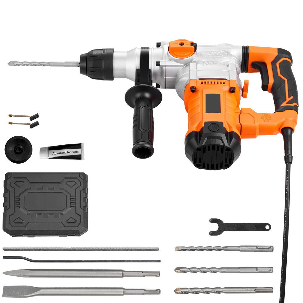 Rotary Hammer Drill, 1-1/8 in SDS-Plus Electric Corded Heavy Duty Rotary Hammer, Including 3 Drill Bits, Flat Chisel, Pointed Chisel, Grease, Brush, and Carrying Case, for Concrete and Masonry