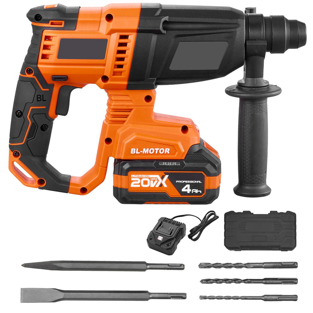 Rotary Hammer Drill, 7/8 in SDS-Plus Cordless, 20V Battery Powered Rotary Hammer, Brushless, Including Battery, Charger, 3 Drill Bits, Flat Chisel, Pointed Chisel, Carrying Case, for Concrete