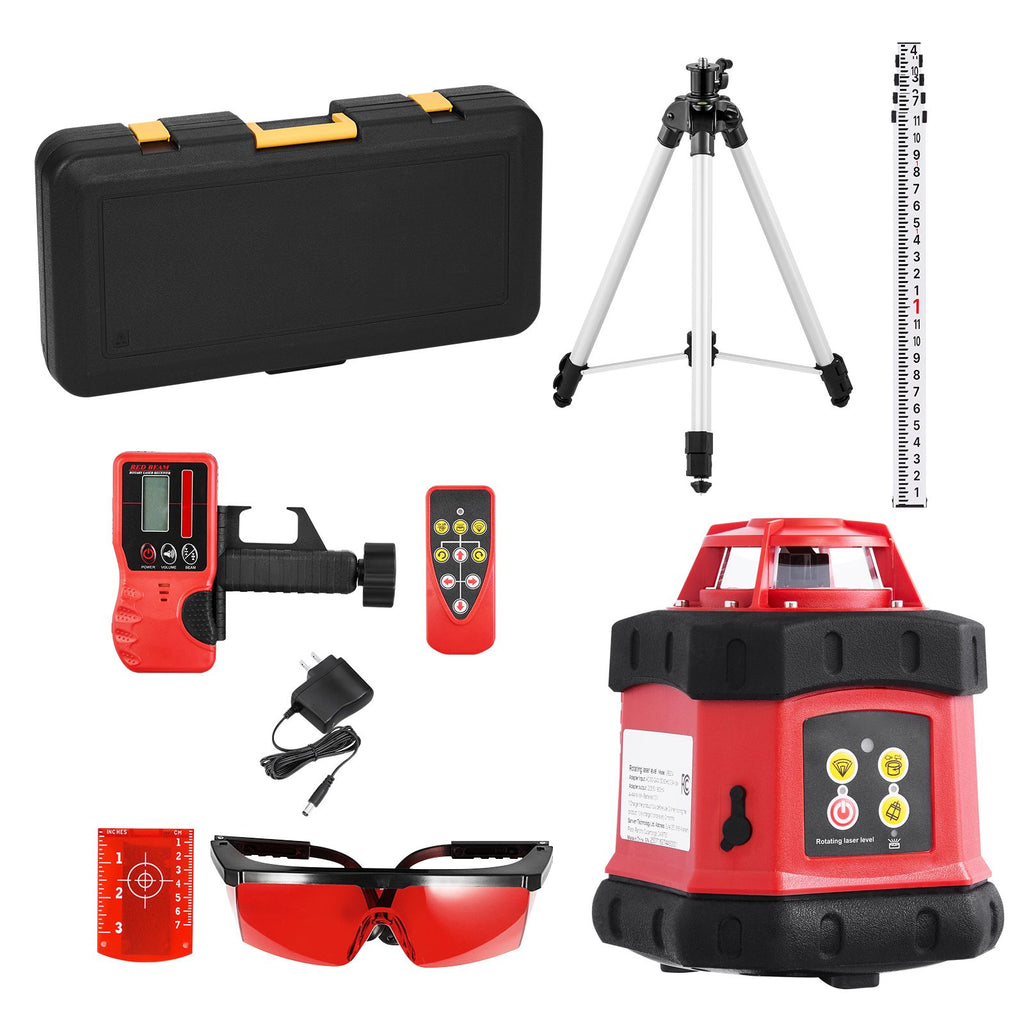 Rotary Laser Level Kit, 984ft 360-Degree Self Leveling Red Horizontal Laser Transit,with Tripod,Receiver,Remote Control, Scale, Toolcase, IP54 Waterproof, 0.12in/100ft Precision for Construction