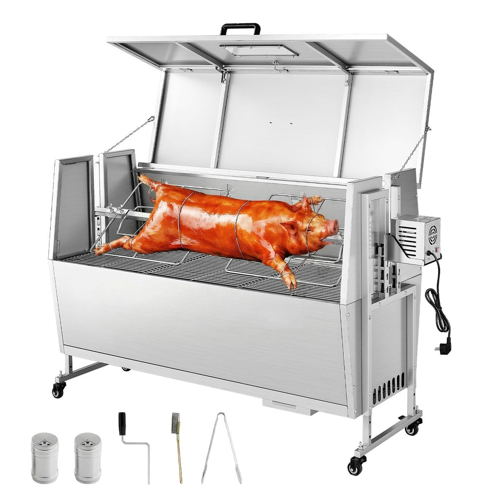 Rotisserie Grill, 38W BBQ Outdoor Pig & Lamb Spit Roaster, Charcoal Spit Roaster with 132 LBS Capacity, Wheels & 4-Level Height, Stainless Steel Electric Rotisserie Grill Kit for Camping Outdoor