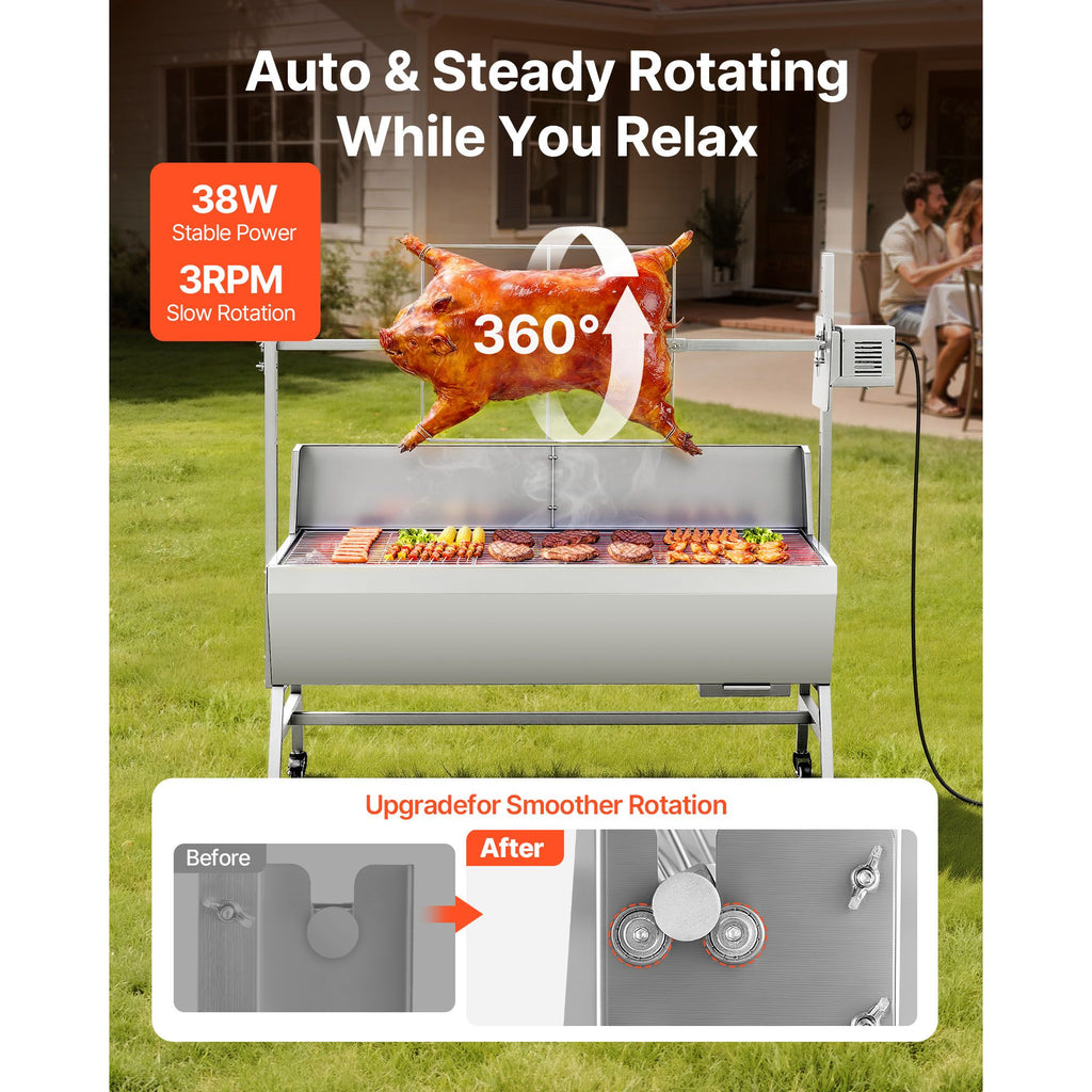 Rotisserie Grill, 38W BBQ Outdoor Pig & Lamb Spit Roaster, Charcoal Spit Roaster with 132 LBS Capacity, Wheels & 4-Level Height, Stainless Steel Electric Rotisserie Grill Kit for Camping Outdoor image 2