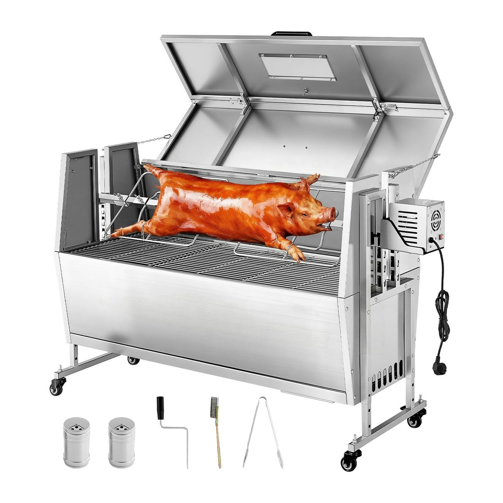 Rotisserie Grill, 38W BBQ Outdoor Pig & Lamb Spit Roaster, Charcoal Spit Roaster with 132 LBS Capacity, Wheels & 4-Level Height, Stainless Steel Rotisserie Grill Kit for Camping Outdoor Parties