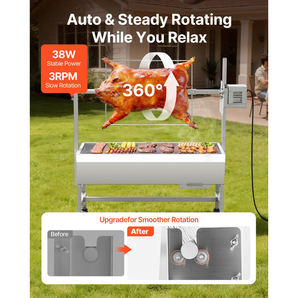 Rotisserie Grill, 38W BBQ Outdoor Pig & Lamb Spit Roaster, Charcoal Spit Roaster with 132 LBS Capacity, Wheels & 7-Level Height, Stainless Steel Electric Rotisserie Grill Kit for Camping Outdoor image 2